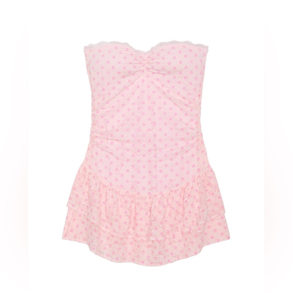 PINK x LoveShackFancy Strapless Lace Mini Dress Icon Polka Dot Pink Small NWT - Picture 2 of 16
